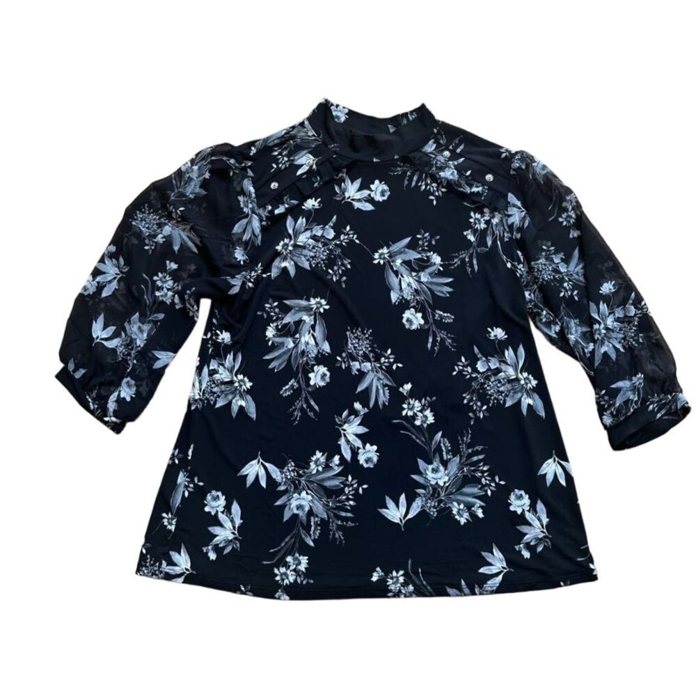 Atelier29 Elegant Floral Mock Neck Blouse Black & White Long Sleeve Top XL